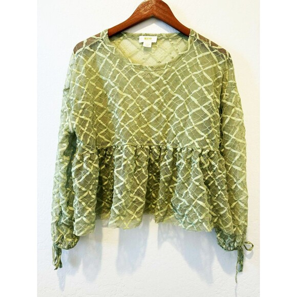 MAEVE ANTHROPOLOGIE SHEER BABYDOLL BLOUSE TOP Chartreuse Oversized sz. Medium - Picture 2 of 7